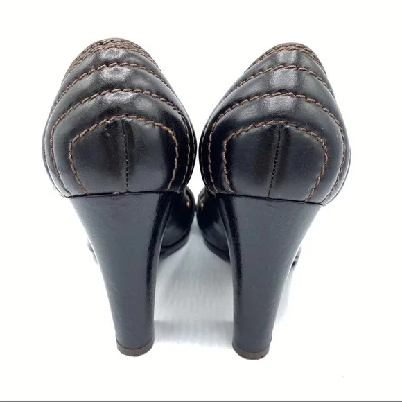 Chloe Brown Leather Round Toe Pumps Heels - Picture 8 of 14